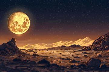 Pixelated Full Moon Shining Over Rocky Mountain Landscape at Night with Starry Sky and Space Vista