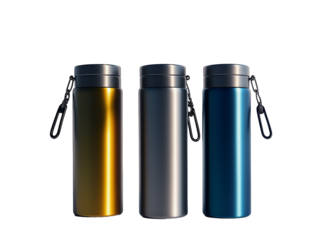 Metal water bottles, sleek design and  vibrant colors, yellow gold silver blue, insulated containers, portable hydration,  PNG file isolated on transparent background
