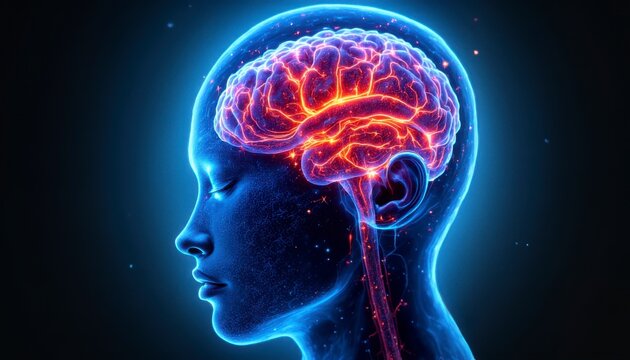 Neuroscience exploration human brain visualization digital art abstract environment side view cognitive concepts