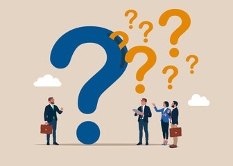 From the question mark fly out many questions. Business people doubts and questioning everything. Flat vector illustration.