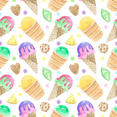 Watercolor seamless pattern colorful ice cream background. Fruit, fruit ice, ice cream cup, waffle cone, waffle. Perfect for summer-themed designs, textiles, wrapping paper, digital paper