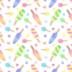 Watercolor seamless pattern colorful popsicles, ice cream background. Including rainbow. Perfect for summer-themed designs, textiles, wrapping paper, digital paper