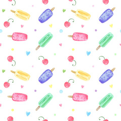 Watercolor seamless pattern colorful popsicles, ice cream background. Including rainbow. Perfect for summer-themed designs, textiles, wrapping paper, digital paper
