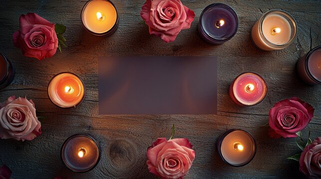Romantic candle and rose arrangement on wooden planks. - Powered by Adobe