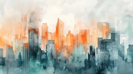 Fototapeta premium Colorful skyscrapers rise against a soft dawn sky, displaying abstract shapes and blends of orange and blue. The scene captures the essence of a bustling metropolis awakening