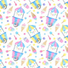 Watercolor seamless pattern cute ice cream cart, colorful ice cream cones, popsicles. sprinkles background. Perfect for summer-themed designs, textiles, wrapping paper, digital paper
