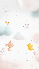 Charming minimalist kindergarten name card design with rounded border, tiny animals, and cloud space