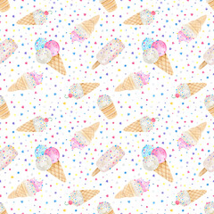 Watercolor seamless pattern pastel colors ice cream cones, popsicle, hearts, candy, sprinkles background. Perfect for summer-themed designs, textiles, wrapping paper, digital paper