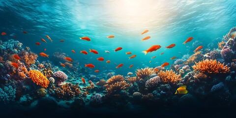 Obraz premium Underwater Scene with Vibrant Coral Reef and School of Colorful Fish in Clear Tropical Water