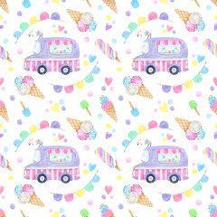 Watercolor seamless pattern cute ice cream truck, colorful cones, popsicles, festive elements. sprinkles background. Perfect for summer-themed designs, textiles, wrapping paper, digital paper