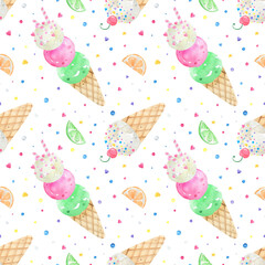 Watercolor seamless pattern pastel colors ice cream cones, popsicle, hearts, candy, sprinkles background. Perfect for summer-themed designs, textiles, wrapping paper, digital paper