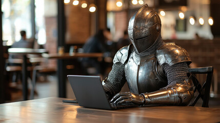 A full-plated knight working on a laptop in a co-working space, focused on his screen, modern office atmosphere