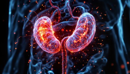 Dynamic kidney function visualization in a human body medical illustration scientific environment gigapixel standard