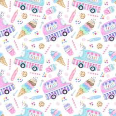 Watercolor seamless pattern cute ice cream truck, ice cream cones, popsicles, pastel, festive elements. sprinkles background. Perfect for summer designs, textiles, wrapping paper, digital paper
