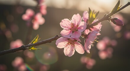 Obraz premium Peach Blossoms in Golden Sunlight: A Delicate Springtime Scene