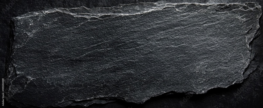 Poster dark gray textured slate stone slab plate with fine grain patterns and rough edges