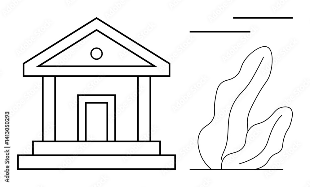 Poster classical building with triangular roof and columns beside organic plant form and abstract lines. id