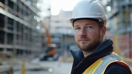 A young European man dressed in safety gear poses confidently at a construction site, capturing the essence of modern industry and teamwork.