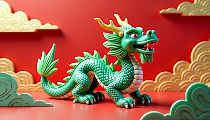 Traditional Chinese Green Dragon Figurine on Red Festive Background