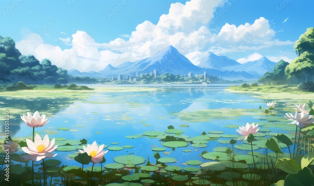 Poster 水面に咲く蓮の花と山並み 青空の下 湖畔の風景 美しい自然の調和 パステルカラー