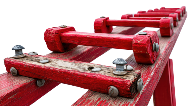 Ascending Red Ladder: This image portrays a weathered, red ladder that represents ambition, progress, and achievement, perfect for visualizing the journey to success and personal development. 