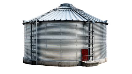 Large Metal Silo: A large, cylindrical metal silo with a conical roof stands against a clear background. The silo is made of corrugated metal and has a ladder on the side.