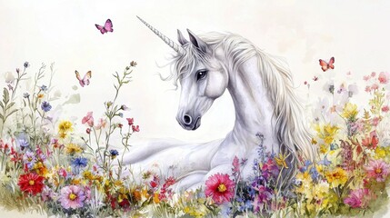 Naklejka premium A beautiful unicorn lies gracefully in a meadow full of wildflowers