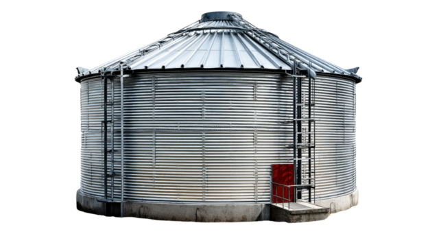 Large Metal Silo: A large, cylindrical metal silo with a conical roof stands against a clear background. The silo is made of corrugated metal and has a ladder on the side.