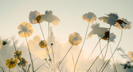 Stiff greenthread wildflower double exposure art with flowers in sunset background.