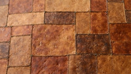 Obraz premium Artisanal leather patchwork texture with intricate stitches showcasing craftsmanship and quality