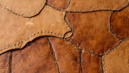 Artisanal leather patchwork texture with intricate stitches showcasing craftsmanship and quality