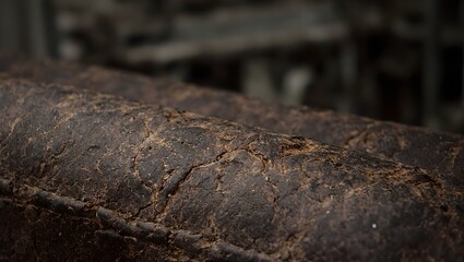 Highly detailed close up of weathered leather showcasing raw textured surfaces against an industrial backdrop