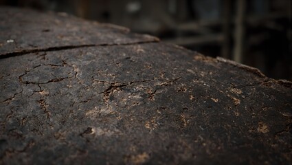Highly detailed close up of weathered leather showcasing raw textured surfaces against an industrial backdrop