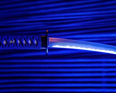 Illuminated Katana Close Up with Intricate Hilt Detail Against Striped Blue Background 90Chars