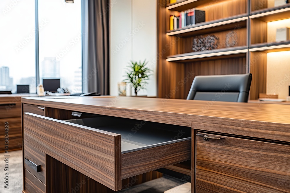 Poster a modern office features a wooden desk with an open drawer and a view of the city through the window