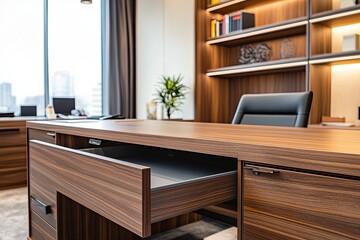 Fototapeta premium A modern office features a wooden desk with an open drawer and a view of the city through the window