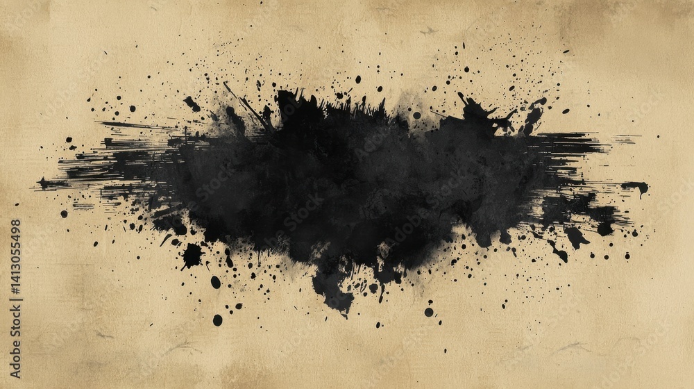 Aufkleber black ink splashes and smudges interact with a beige textured background, forming a striking contras