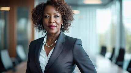 A confident middle-aged Black woman in a tailored suit stands poised in a professional office setting, radiating leadership and sophistication.