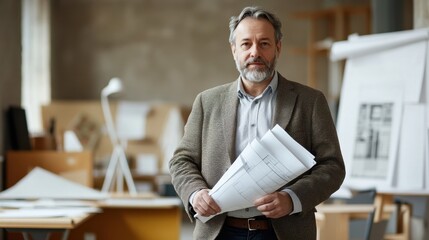 A European male architect in his early 50s stands confidently in an indoor workspace, holding architectural plans amidst a creative environment, reflecting professionalism and experience.