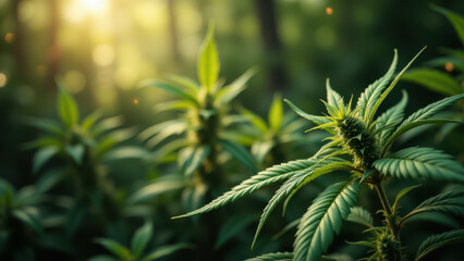 Green buds of a cannabis plant with bright sunlight filtering through the leaves.