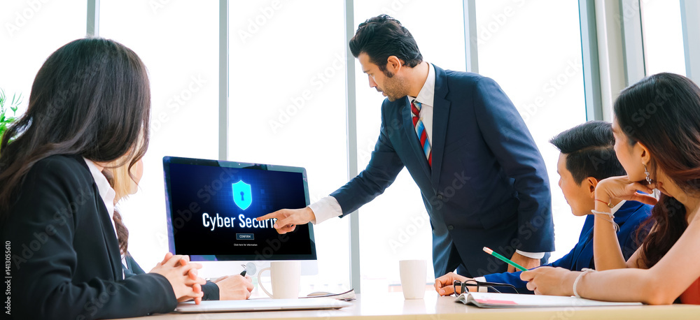 Poster cyber security system on computer screen protect private information snugly from hacker and cyber at
