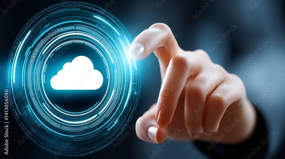 Poster finger touching glowing cloud computing icon on digital interface