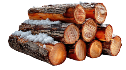 Firewood Pile: A neatly stacked collection of raw wood logs, bearing remnants of snow, ready for use, radiating warmth and the essence of winter comfort.