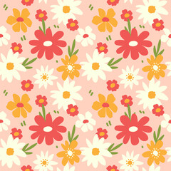 Floral seamless pattern with hand drawn wildflowers in retro style