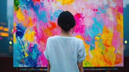 spontaneity moments concept. A person admiring vibrant abstract art on a large canvas.