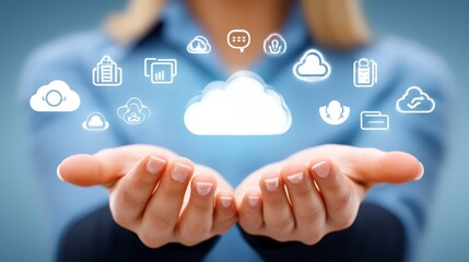 Hands Gently Presenting Glowing Cloud with Surrounding Tech Icons