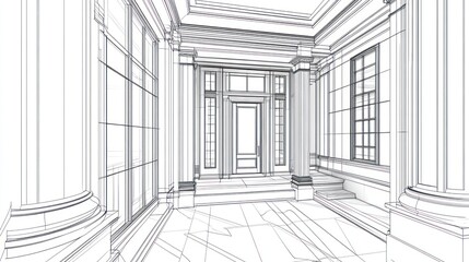 Architectural drawing of a classical hallway, showing columns, windows, and doors.  Possible use for architectural design presentation or 3D modeling