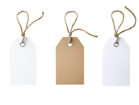 Blank gift tags, minimalist design, twine strings, paper labels, beige and white colors,  PNG file isolated on transparent background
