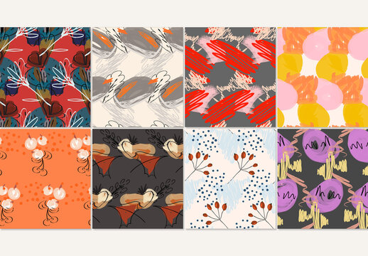 Seamless Pattern Collection with Floral Hand Dawn Doodles