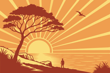 Naklejka premium 53 Vibrant sunset, ocean horizon, golden sun reflection, calm waters, radiating sunbeams, minimalist design, gradient colors, orange and yellow hues, tranquil seascape, digital illustration, vector ar